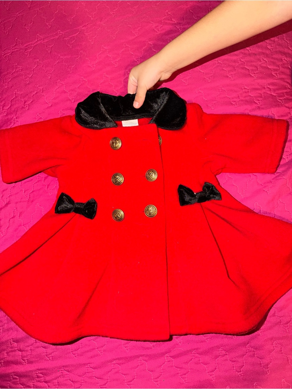 Girls' Red Double-Breasted Pea Coat with Black Velvet Trim